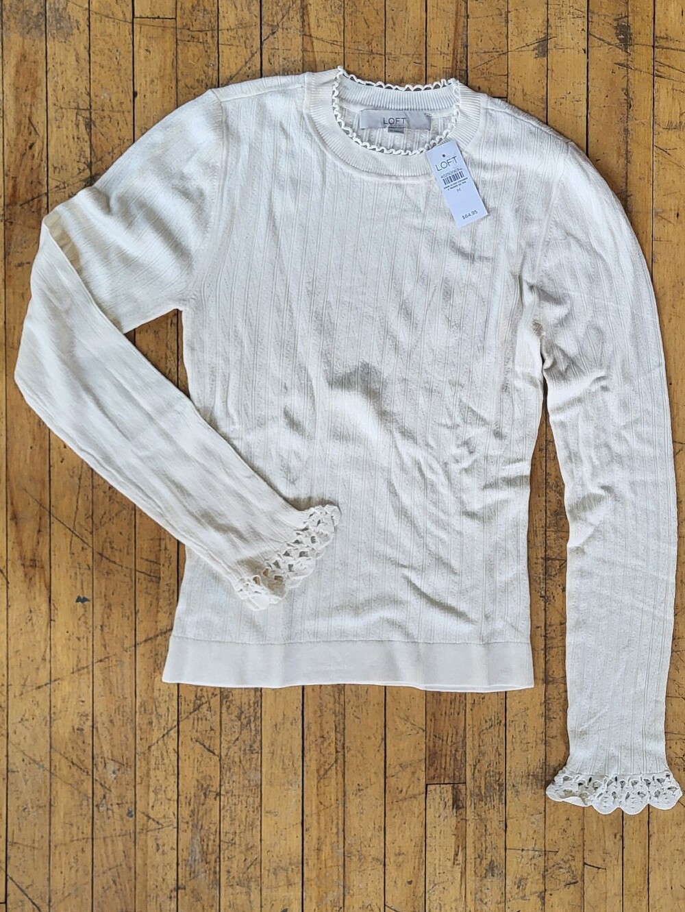 LOFT Women's Cream Ribbed Lace-Trim Long Sleeve Tee Pointelle Sweater NWT Sz M